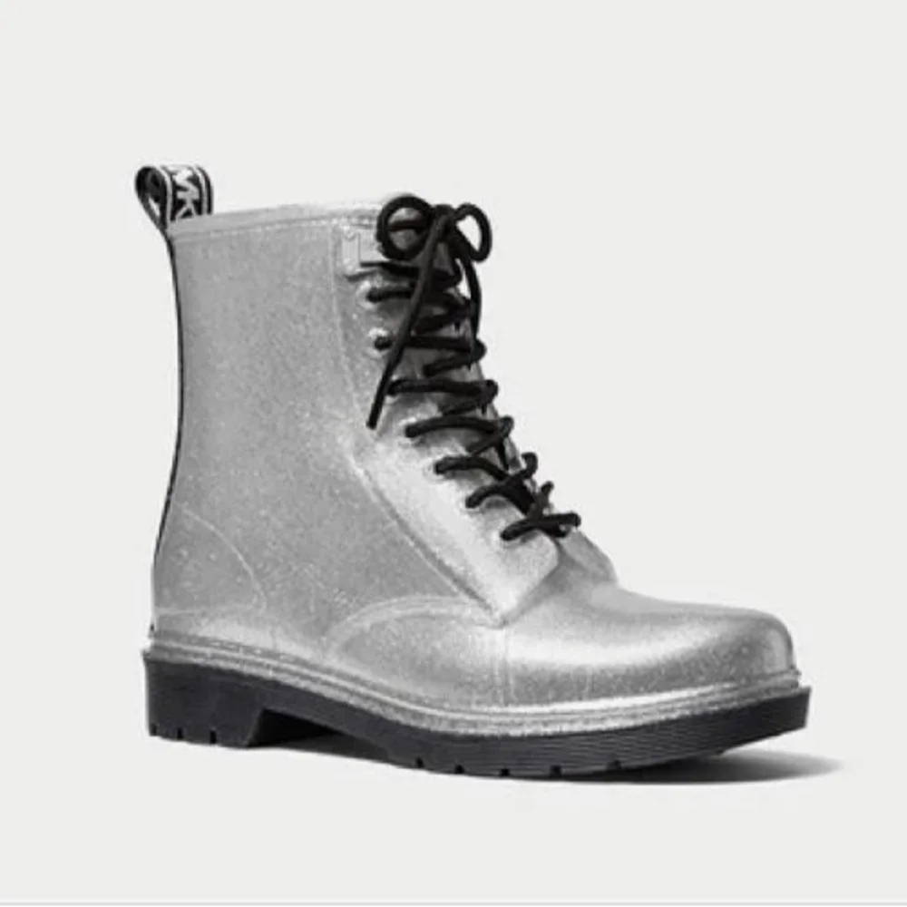 Michael Kors Silver Glitter Tavie Rainbootie Combat Boots Women's Size 8 NWT